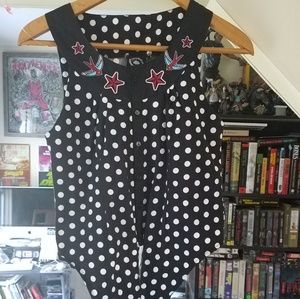 Rockabilly black and white polka dot front tie top